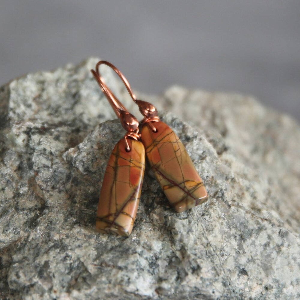 Bell Shaped Red Creek Jasper and Copper Earrings